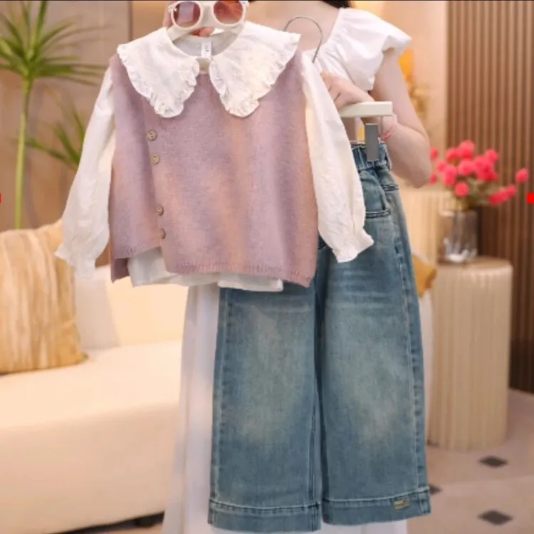 女童2024新款秋季套装韩版洋气针织百搭马甲衬衫休闲牛仔裤三件套