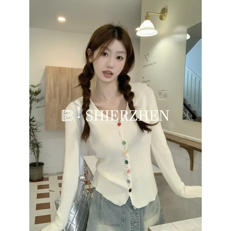 2025早春韩版半开领显瘦彩虹扣甜美减龄安迪绒针织开衫外套上衣