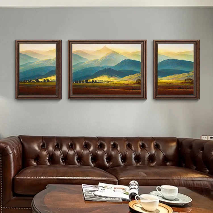 《巨人山三联画》美式客厅装饰画复古大气沙发背景墙壁挂画风景油画