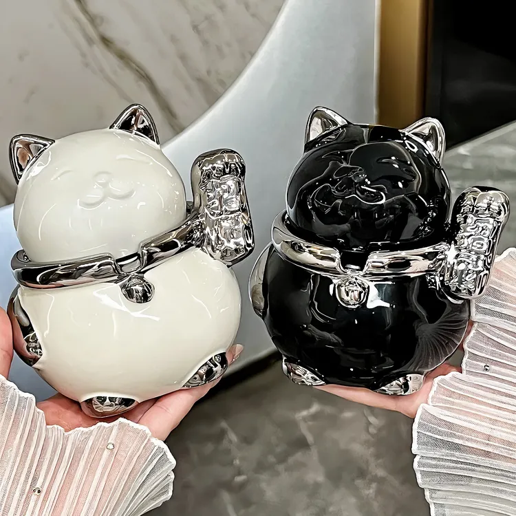 陶瓷轻奢招财猫烟灰缸带盖防飞灰创意客厅乔迁开业烟缸高级感