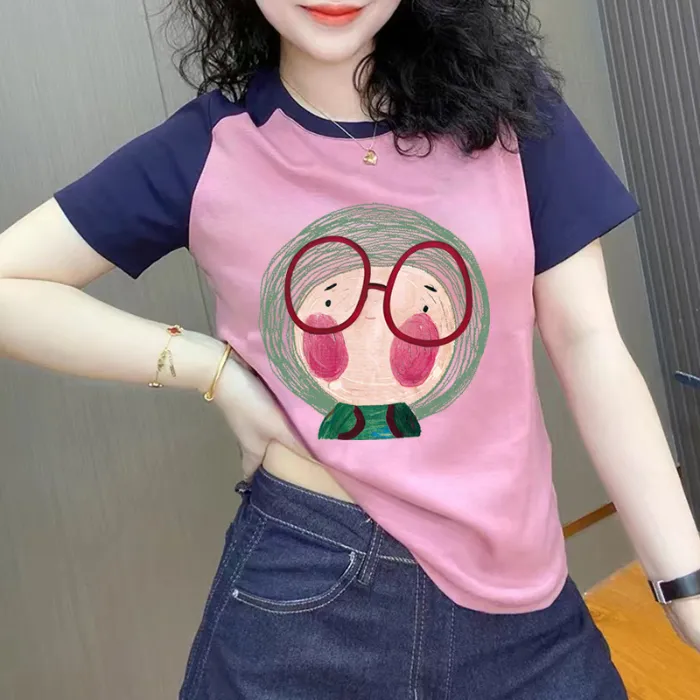 插肩撞色短袖T恤女士2024夏季爆款通勤时尚印花圆领休闲体恤上衣