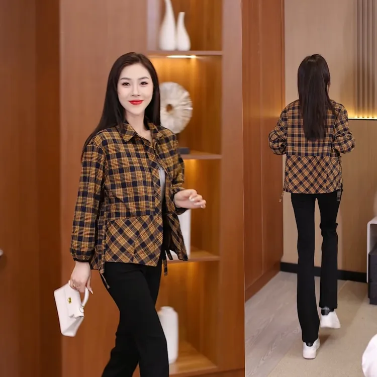 格子衬衣女2025春秋灯笼袖妈妈装衬衫春季遮肚子休闲减龄上衣外套