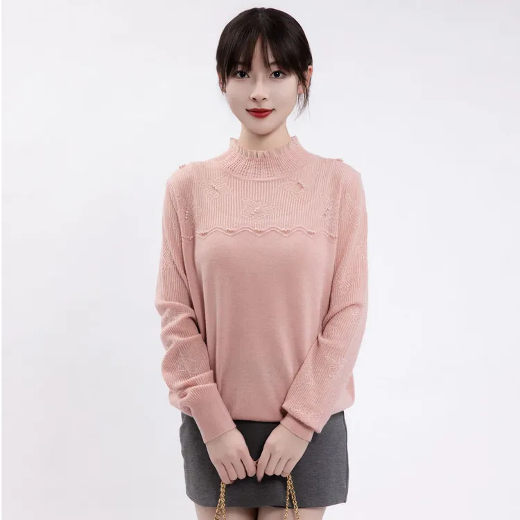 INS风小香风毛针织衫通勤蕾丝气质长袖时尚半高领秋冬提花套头