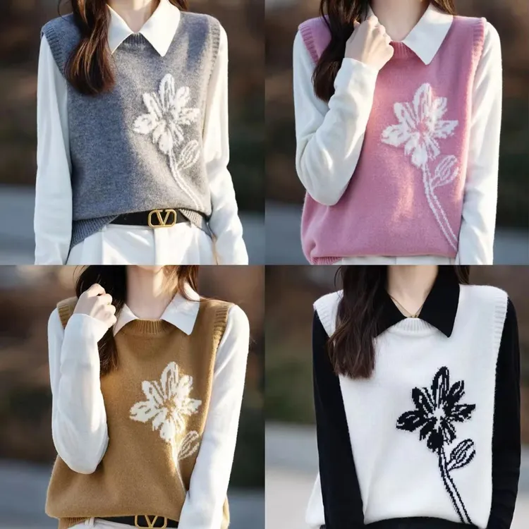 100%纯羊毛针织马甲女春秋衬衫搭配圆领毛衣无袖背心坎肩