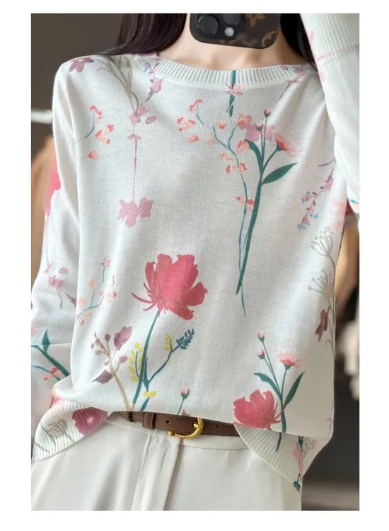 春款精纺羊毛桑蚕丝印花时尚圆领洋气长袖针织宽松打底衫上衣