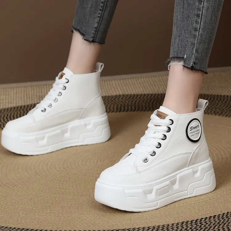 增高10公分春季新款小白鞋女小个子皮面防水超高跟时尚厚底高帮鞋