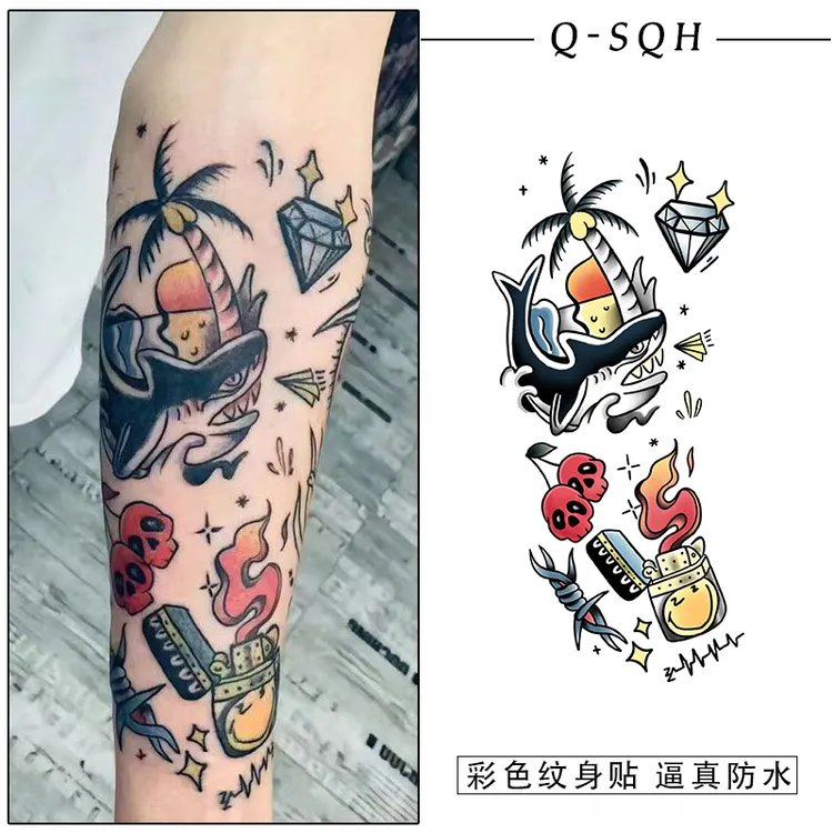 夏日oldschool拼接花臂彩色纹身贴霸气潮酷持久防水男女可洗贴纸