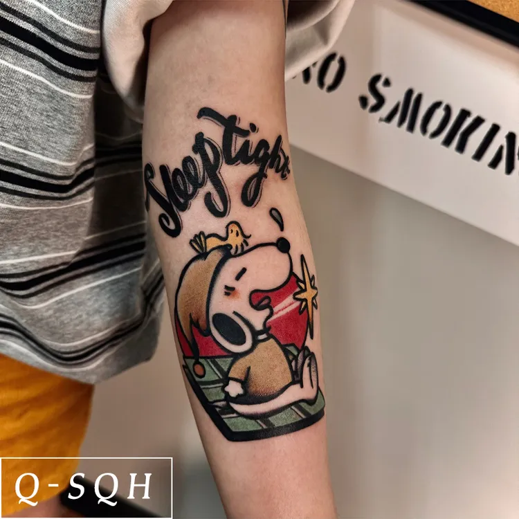 Q-SQH 打哈欠的史努比oldschool花臂纹身贴防水男女持久仿真ins风