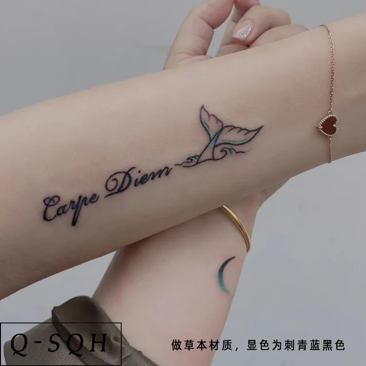 Q-SQH 英文字母草本纹身贴半永久果汁防水持久少女手臂手腕鱼尾