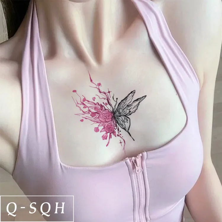 Q-SQH 繁花一半蝴蝶贴纸纹身ins新款高颜值小众彩色防水持久甜酷