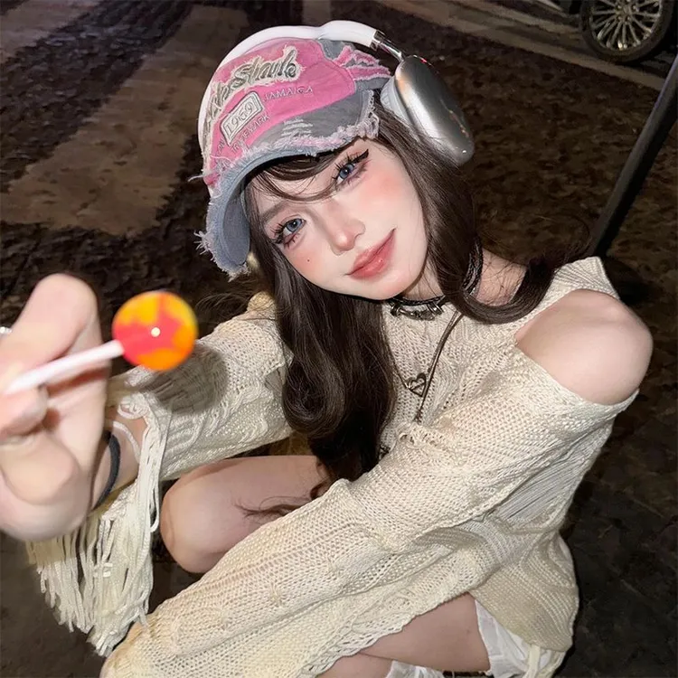 粉色辣妹y2k做旧美式复古鸭舌帽女撞色破坏风帽子刺绣破洞棒球帽