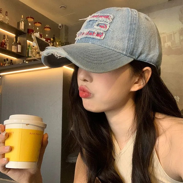 美式复古棒球帽女春夏季做旧大头围水洗显脸小百搭字母刺绣鸭舌帽