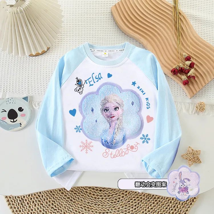 儿童纯棉秋女童宝宝亮片变色爱莎长袖T恤圆领插肩打底衫上衣童装