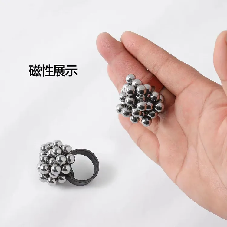 手工牛皮强磁戒指大小可调强力吸钢珠磁铁戒指钢球磁力指环强磁
