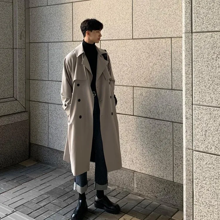 FAVMARTHA韩版风衣男中长款潮流宽松过膝英伦双排扣外套秋冬季加