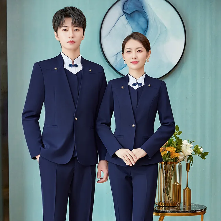 酒店前台接待工作服男女同款售楼部茶楼餐饮服务员中国风工服套装