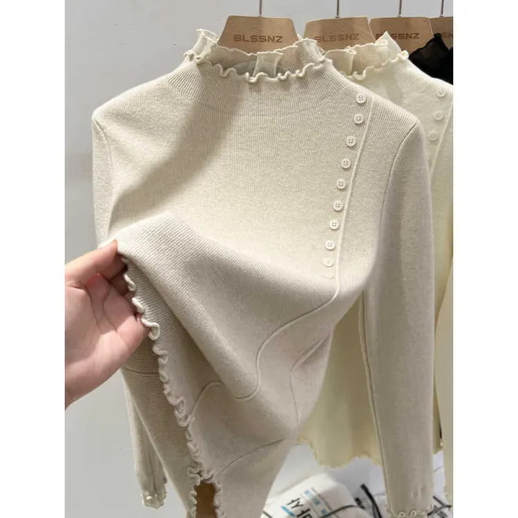 蕾丝拼接半高领打底衫女内搭秋冬新款套头加厚保暖毛衣针织衫上衣