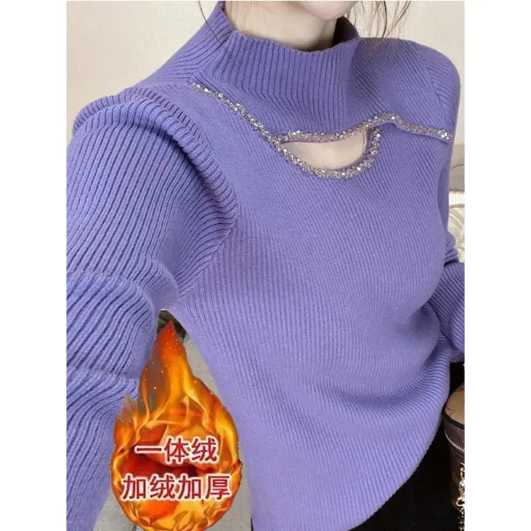 加绒加厚一体绒毛衣女秋冬季钉珠镂空洋气打底针织衫内搭保暖上衣