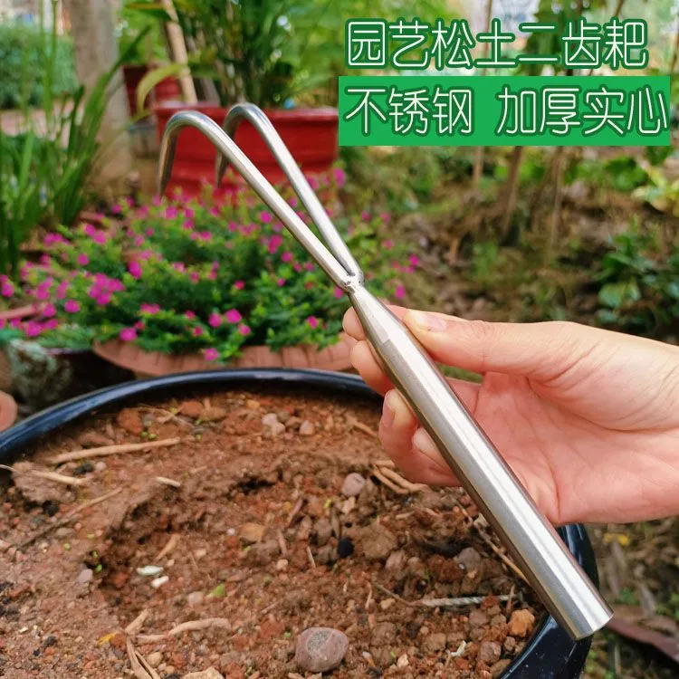 园艺不锈钢松土耙二齿加厚种花工具家用阳台菜园结实牢固清理花盆