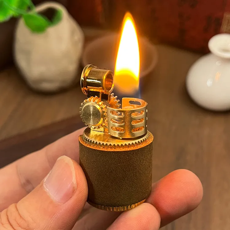 迷你小胖墩手工缝制黄铜个性打火机老式男士佐罗头层牛皮复古创意