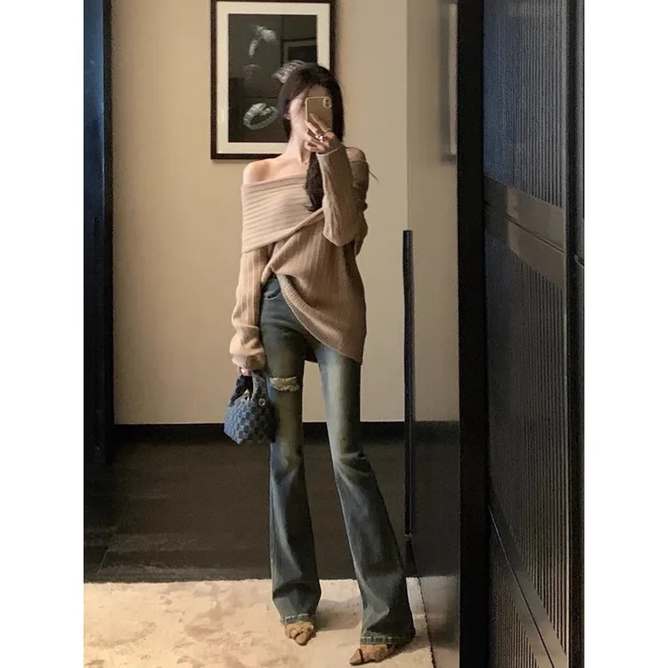 高腰秋冬显瘦拖地牛仔裤高个子加长版复古蓝破洞微喇叭裤女2023年