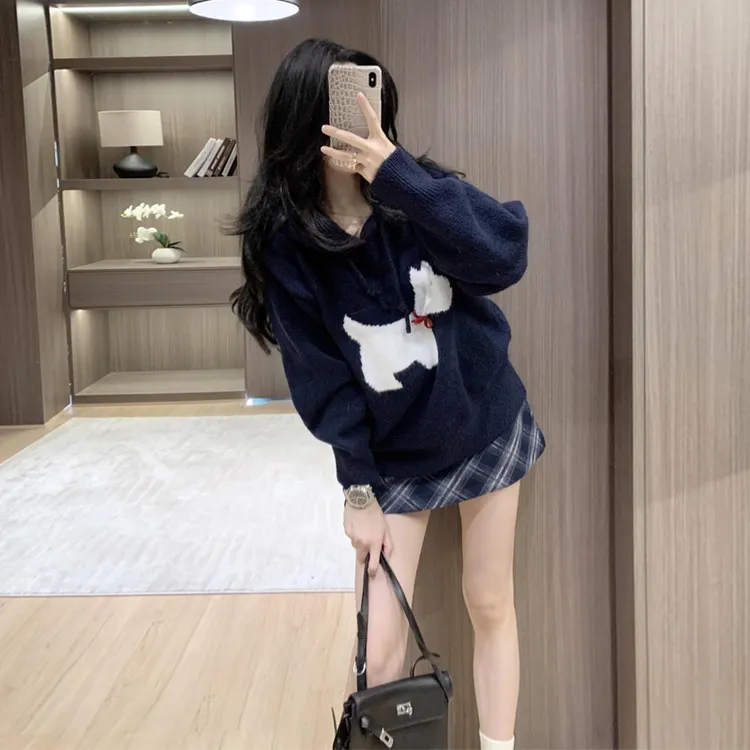 网红毛衣秋冬宽松针织连帽套头时尚内搭洋气上档次中长款蓝色外套