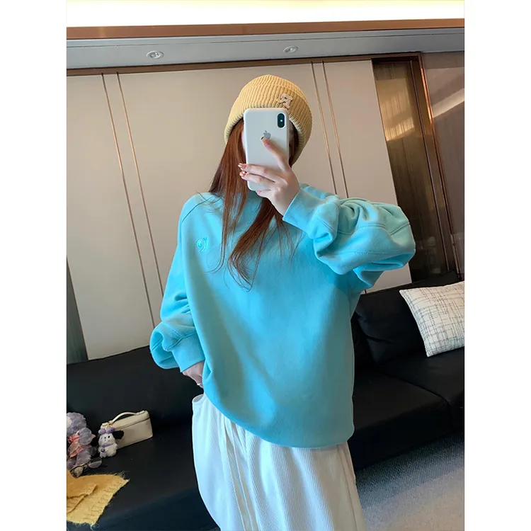 新款加绒秋冬圆领时尚百搭刺绣字母蓝色小众宽松秋季外套女 卫衣