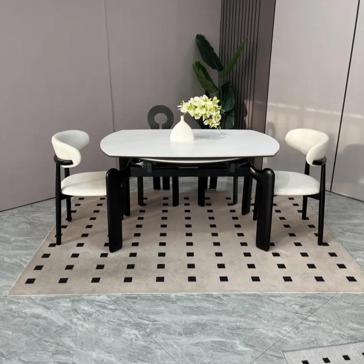 法式复古风实木岩板餐桌椅可伸缩两用家用餐厅长方形北欧吃饭桌