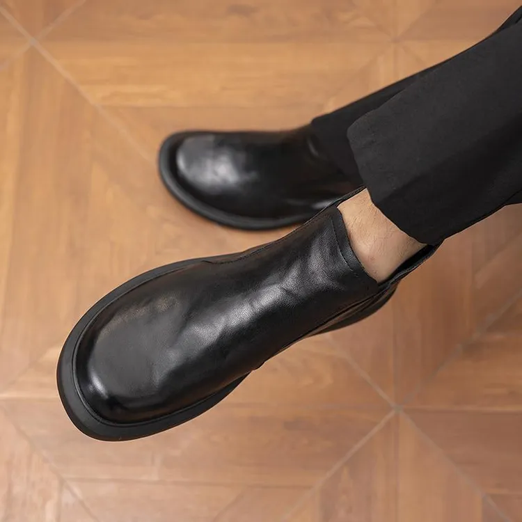 切尔西靴冬季真皮英伦中帮皮鞋头层小牛皮一脚蹬软底皮靴男套筒