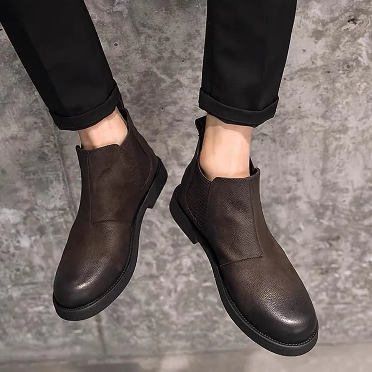 英伦复古切尔西靴牛皮男靴子潮流冬季款加绒复古做旧中帮套脚男鞋