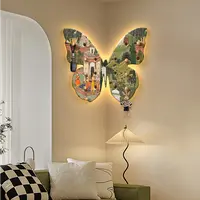 中古风蝴蝶转角客厅装饰画复古洞洞板置物架挂画灯画玄关拐角壁画