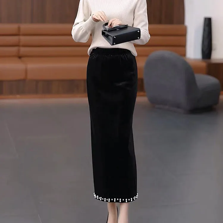 后开叉金丝绒半身裙女秋冬垂感遮胯钉珠中长2025网红炸街半身裙