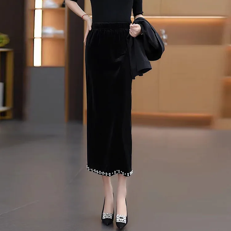 法式高腰半身裙秋冬装新款女装时尚钉珠开叉丝绒中长裙丝绒半身裙