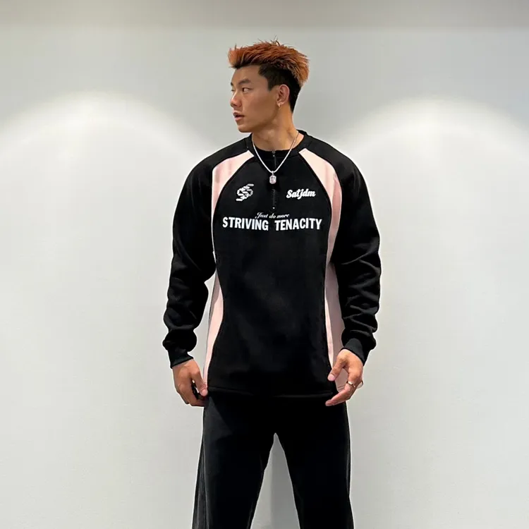 Satjdm美式复古运动足球服高街保暖圆领拉链重磅卫衣秋季男上衣