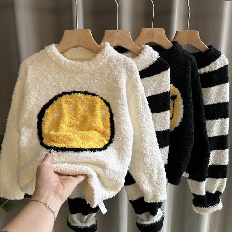 男女童家居服套装加厚秋冬款2025保暖洋气半边绒儿童针织衫睡衣潮