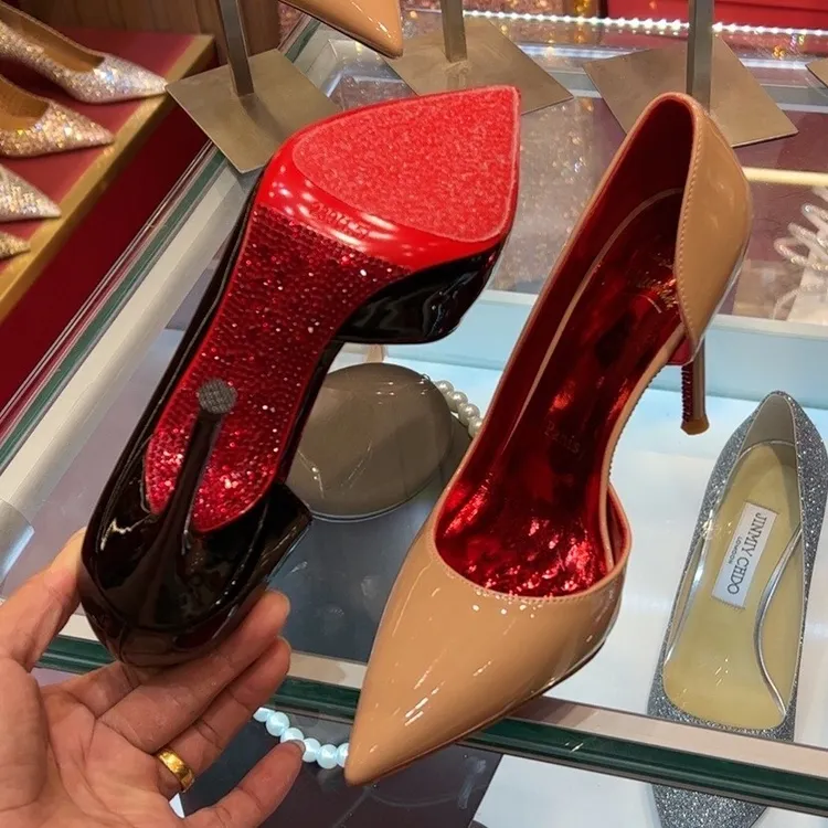 2024新款水钻底细跟侧空高跟鞋女性感漆皮浅口露趾尖头女单鞋