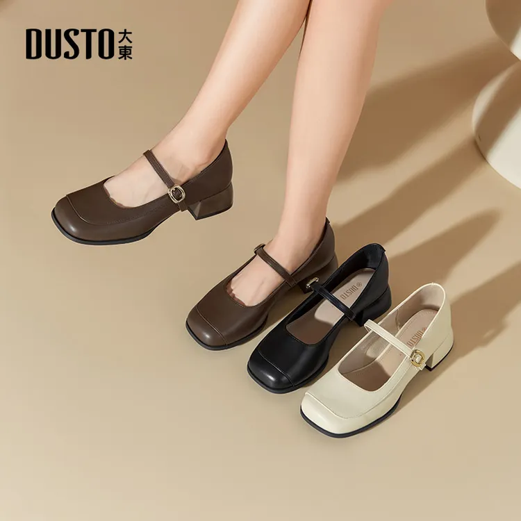 大东女鞋精致玛丽珍鞋法式复古方头中跟鞋女2025秋冬外穿单鞋0018