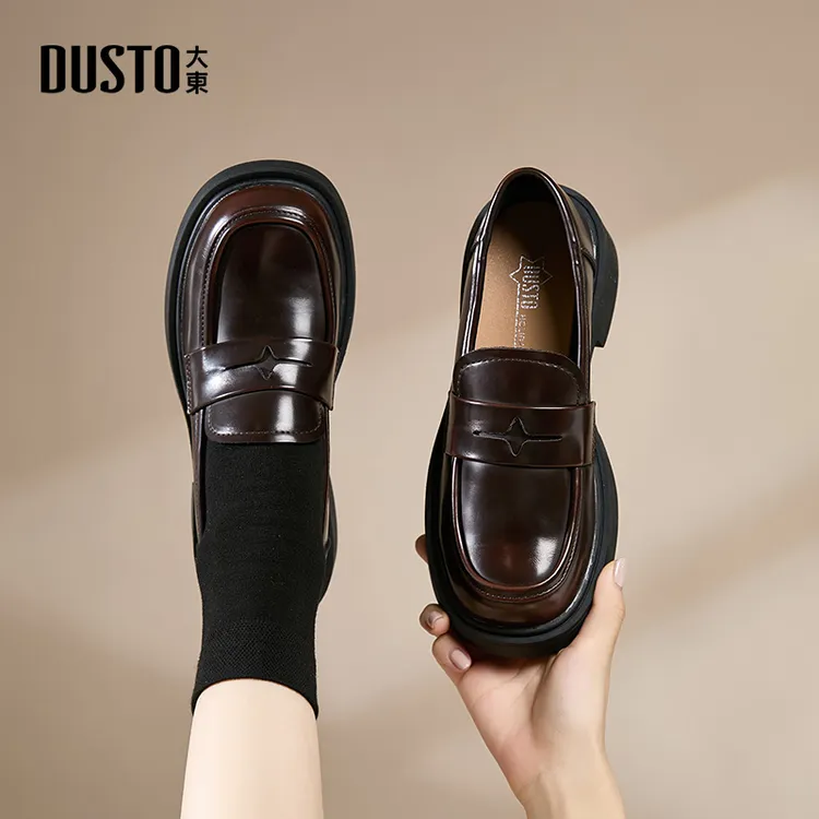 大东女鞋2025秋季上班族女款英伦风小皮鞋圆头黑色厚底乐福鞋0238