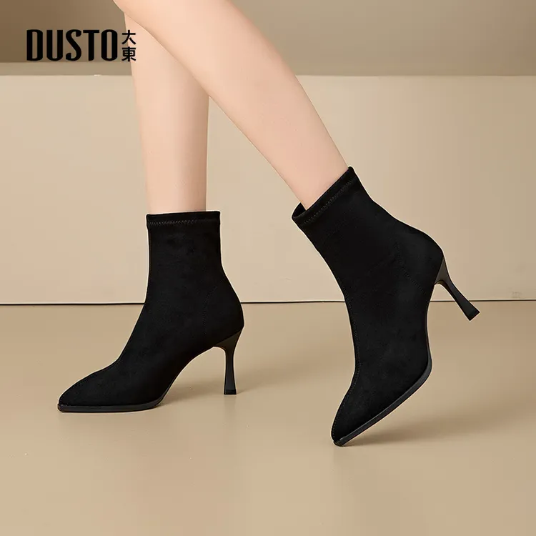 大东靴子2025秋冬8cm细高跟瘦瘦靴加绒黑色显瘦尖头弹力靴0030
