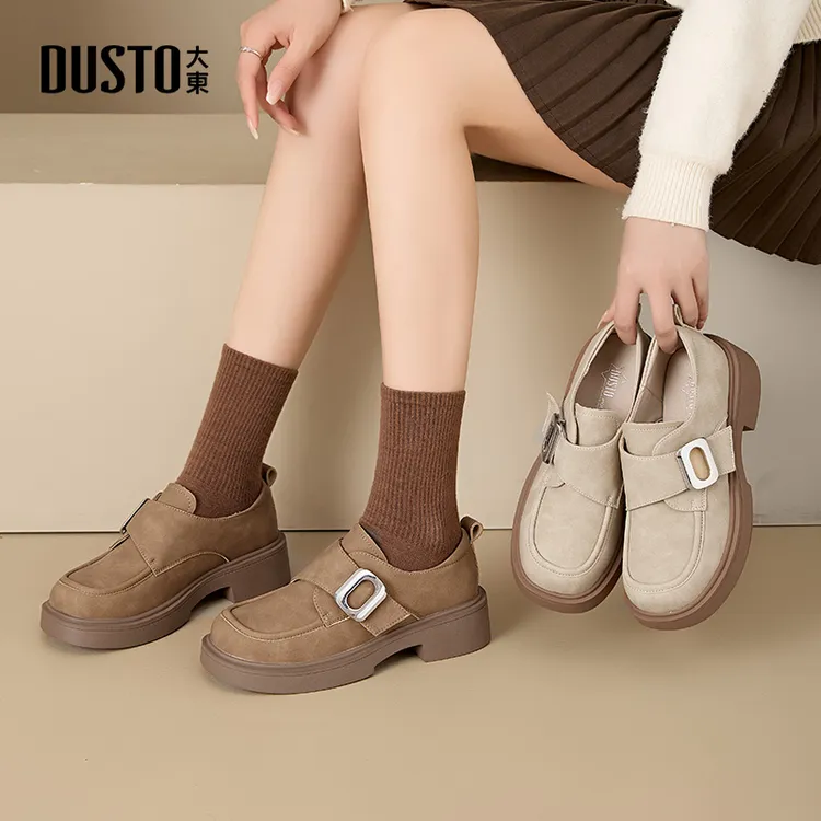 大东厚底女鞋2025秋季新款圆头单鞋小个子复古百搭网红乐福鞋0213
