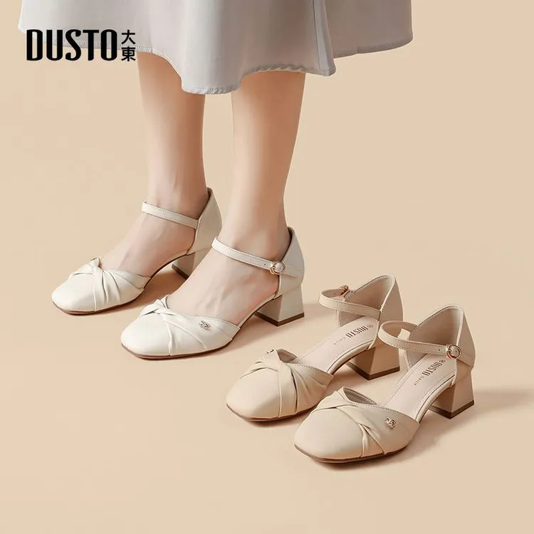 大东百搭粗跟法式包头凉鞋2025秋季新款仙女风方头中跟女鞋1002