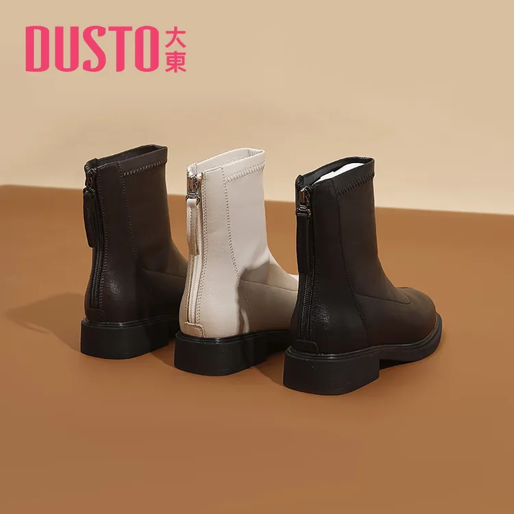 DUSTO/大东冬季新款女短靴时装靴女圆头低跟拉链粗跟短靴女鞋0659