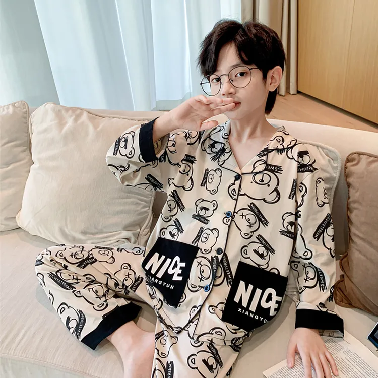 春秋季男童纯棉睡衣儿童中大童长袖套装10岁至15岁男孩秋款家居服