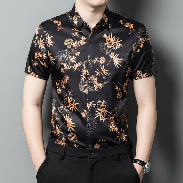 嘉杜丝绸 重磅桑蚕丝富贵竹2037款高端商务休闲男士短袖衬衫 