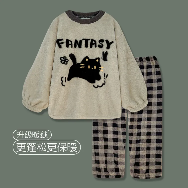 睡衣女冬季加厚保暖珊瑚绒黑猫休闲柔软法兰绒可外穿家居服套装