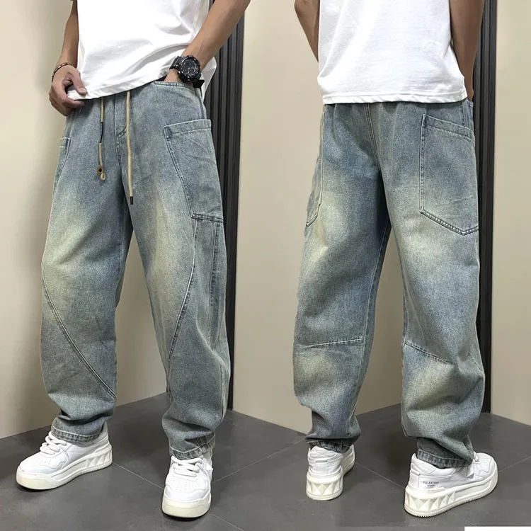 复古水洗牛仔裤男秋冬新款高级感宽松直筒休闲裤痞帅潮牌弯刀长裤