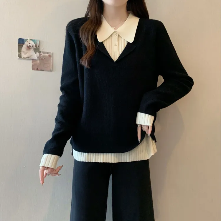 2025秋冬新款polo领假两件拼接针织衫女大码胖mm减龄显瘦打底毛衣