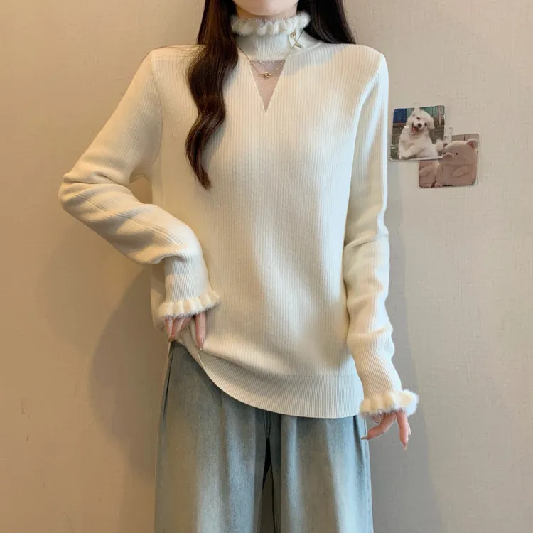 大码半高领镂空设计感针织衫女冬季新款胖妹妹加厚保暖毛衣打底衫
