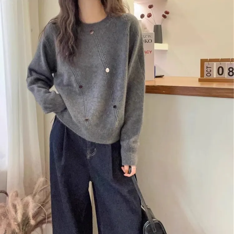 2025秋季新款圆领亮片拼接针织衫女大码胖妹妹小众慵懒风宽松毛衣