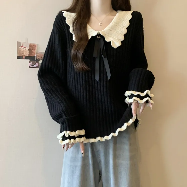 大码设计感撞色娃娃领木耳边针织衫女秋季胖妹妹显瘦遮肉毛衣外穿
